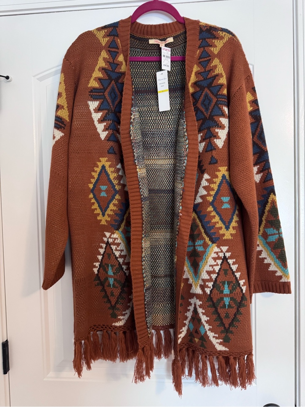 Western Southwest Fringed Open-Front Cardigan Sweater - Rust Multicolor
